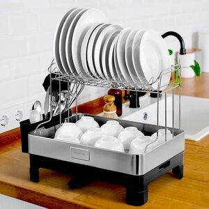 Happiness Simple 2-Tier Dish Drying Rack & Tray With Swivel Drain Spout